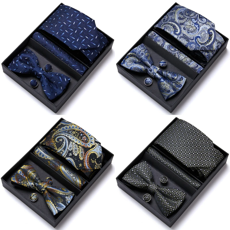 

Classic Many Color Tie Handkerchief Pocket Squares Cufflink Set Bow Tie Necktie Box Plaid Yellow Memorial Day Fit Group