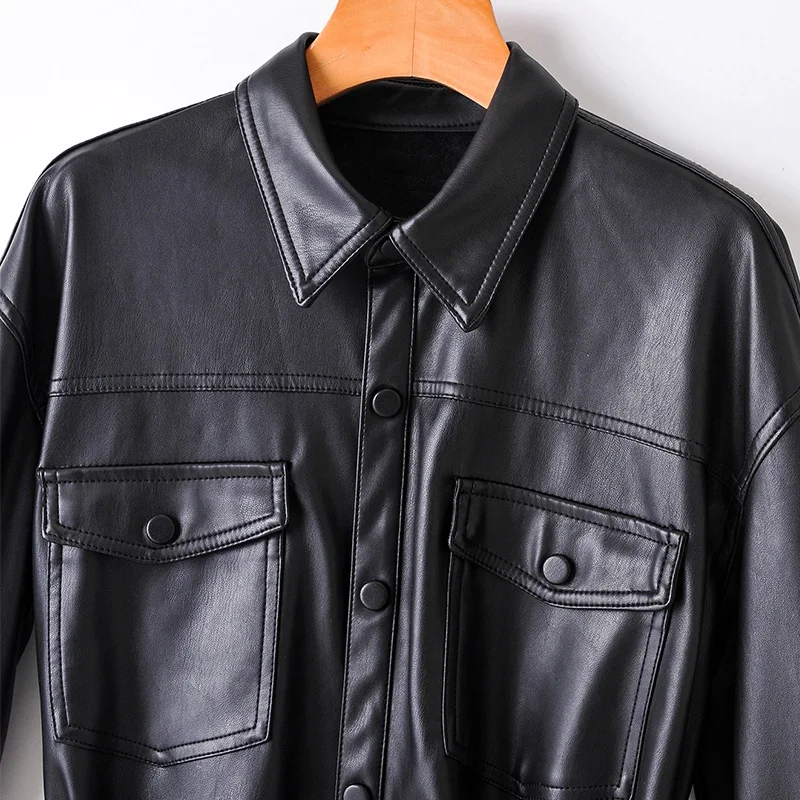 Женская блузка из мягкой искусственной кожи Fitaylor черная однобортная рубашка с