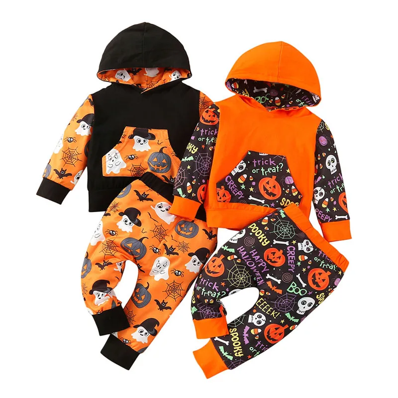 

Детская одежда, костюм из футболки и брюк, милый костюм на Хэллоуин, топы с капюшоном и длинными рукавами с принтом и длинные брюки, детская о...