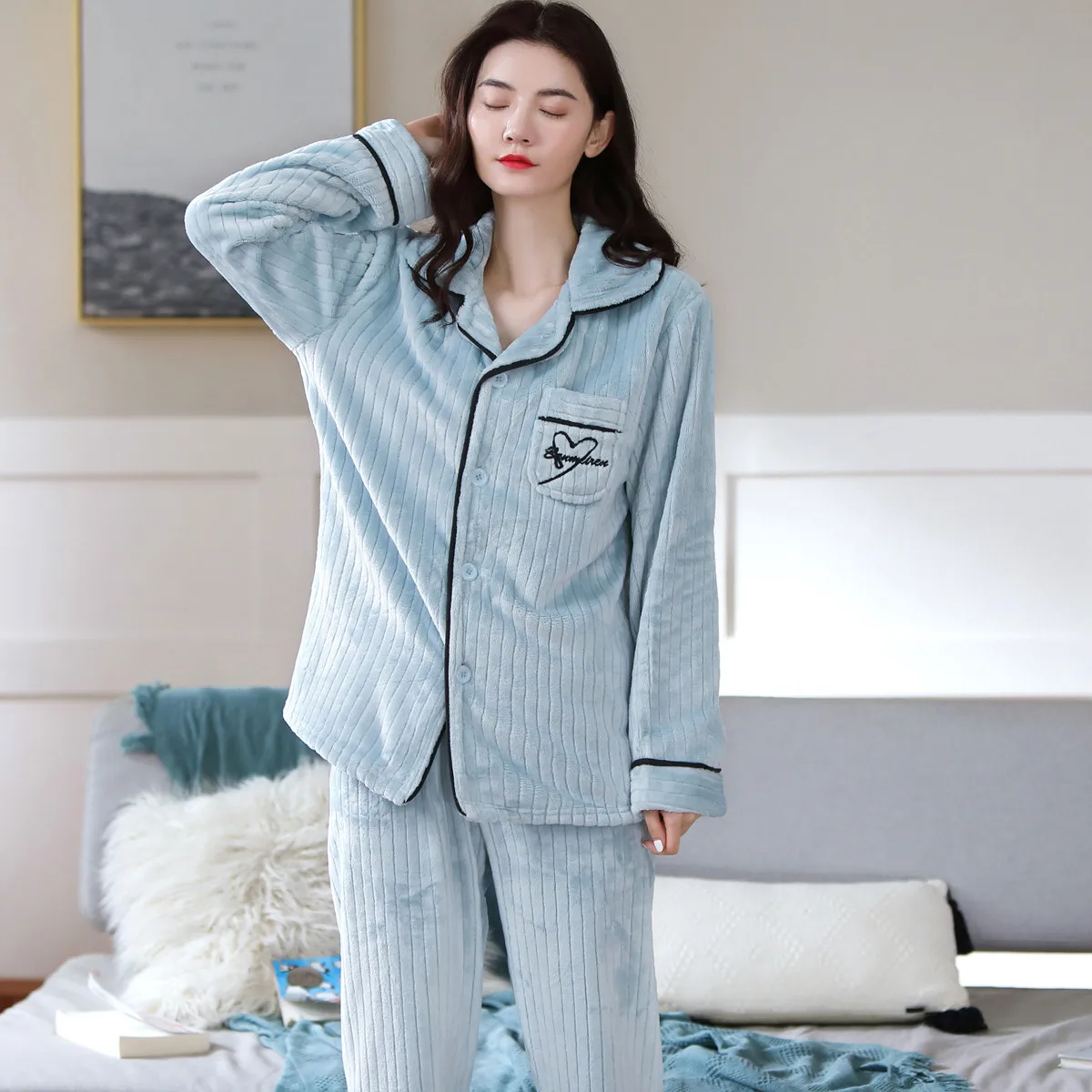 Женские Фланелевые пижамы пижамный комплект с длинными рукавами пижама Пижамный