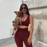 womens jumpsuit v neck sets sexy tracksuits fitness crop top female split stacked leggings suit two piece set sporty outfits