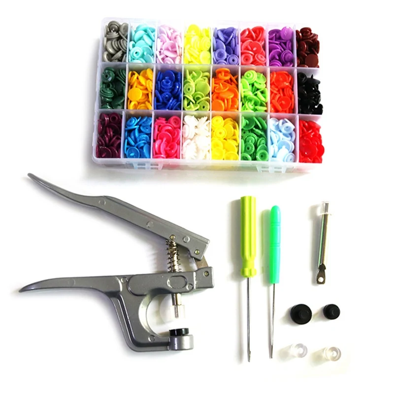 

360 наборов оснастки кнопка Набор с защелками плоскогубцы инструмент разноцветные Круглые Кнопки легко заменить защелки DIY семья портной
