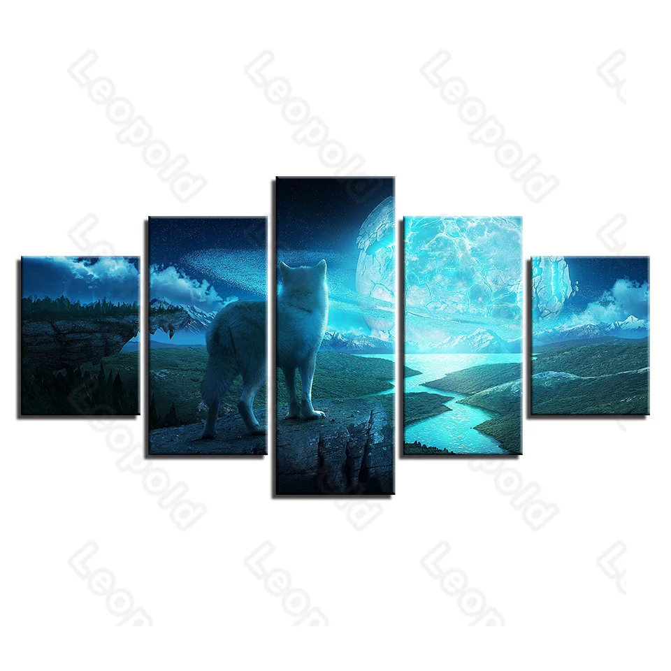 

Modern Landscape Style Murals Canvas Painting Bed Home Decoration Prints 5 Pieces Cliff Wolf Blue Moon Living Room Wall Mural