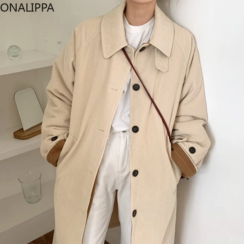 

Onalippa 2021 Women Winter Retro Lapel Single-Breasted Loose Contrast Color Long-Sleeved Corduroy Thickened Warm Mid-Length Coat