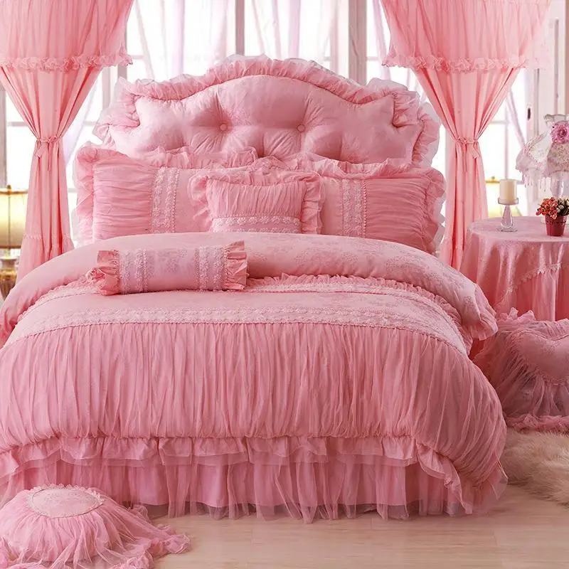 

Cotton Jacquard White Pink Lace Princess Bedding sets Full Queen King size Luxury Wedding Duvet cover set Bed skirt Pillowcase