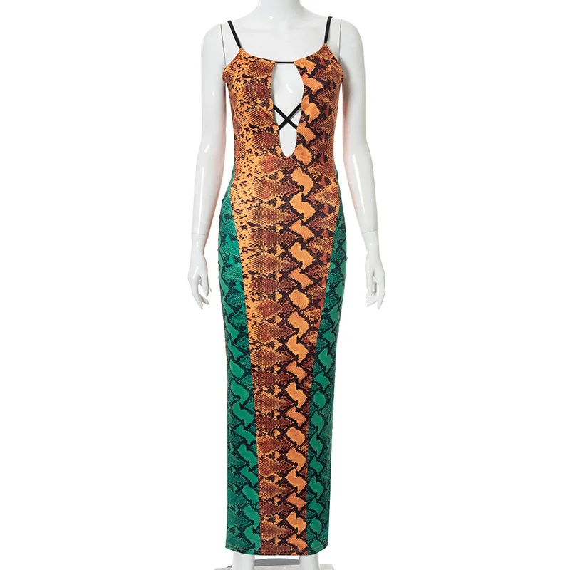 Женское платье со змеиным принтом облегающее сексуальное на бретельках с