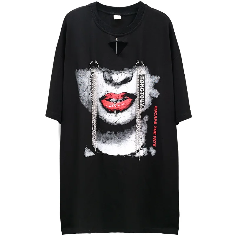 

Fashion Women's Wear Large Lip Loose Short Sleeve T-Shirt Skirt Women's Summer Modal Hip Hop Chain Long Medium Sleeve Top