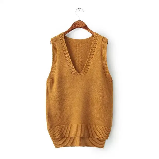 Женский длинный вязаный жилет желтый свободный джемпер без рукавов с v образным