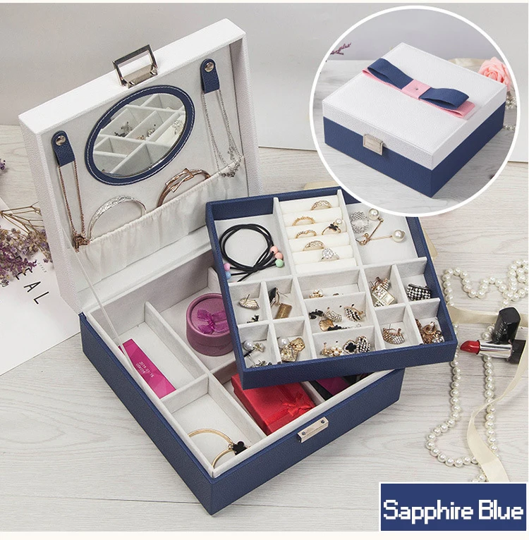 Sappire Blue RANO портативный Bou-knot коробка для хранения ювелирных изделий многофункциональные кольца органайзер для сережек чехол с зеркалом для женщин подарок - Цвет: Sappire Blue