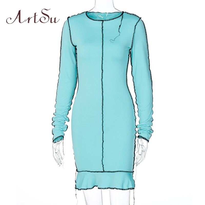 Artsu 2020 Long Sleeve Slit Bodycon Sexy Mini Dress Club Wear Sundress Slim Dresses Women Fashion Streetwear Outfits Clothes | Женская