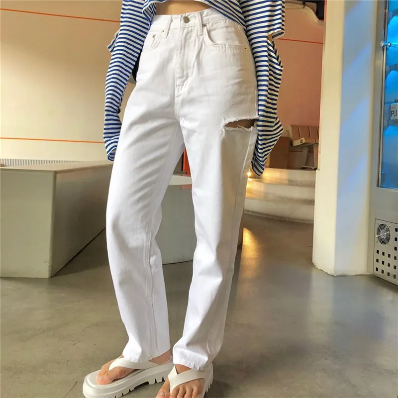 

Cotton High Waisted Jeans With Holes White Pockets Casual Straight Pants Wide Leg Plus Size Jean Streetwear Trousers