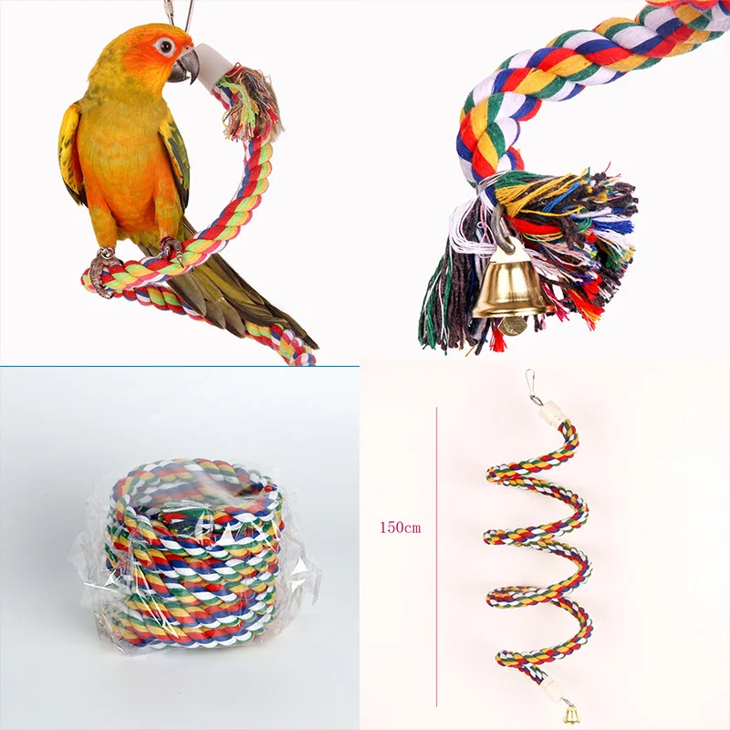 

Bird Perch Toy Spiral Cotton Rope Chewing Bar Parrot Swing Climbing Standing Toys With Bell Bird Supplies Parrots Climbing Toys