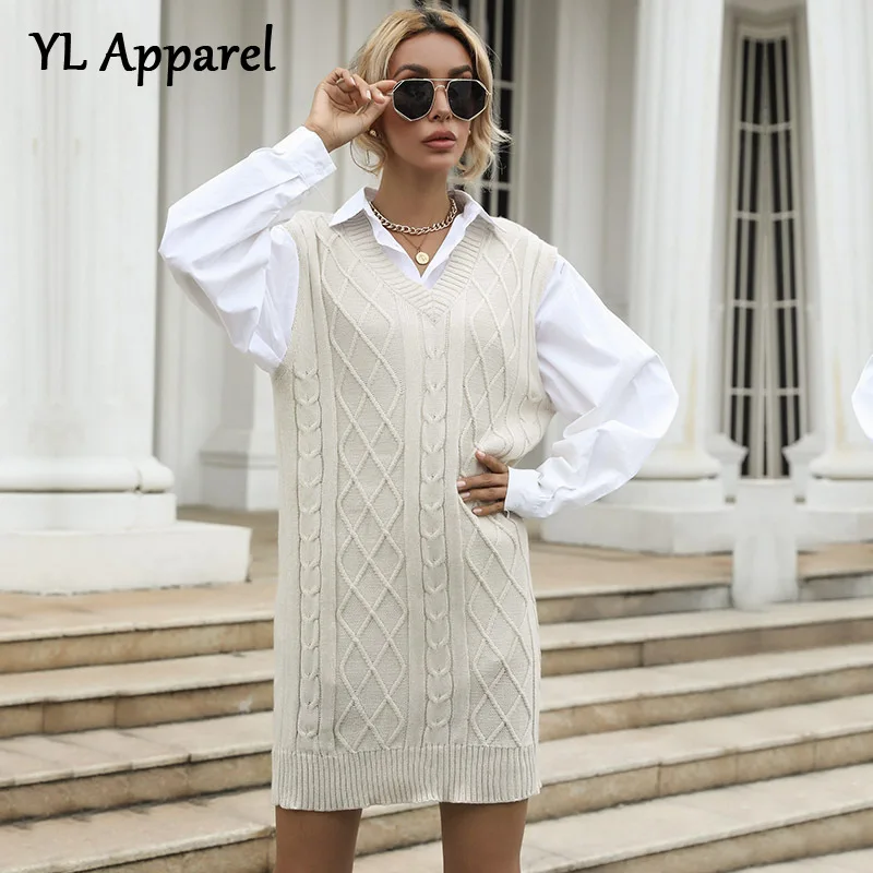 

Casual Women's Dress V-neck Sleeveless Knitted Vest Dresses Ladies Office Elegant Mini Sweater Dress Black Gray New Year 2022