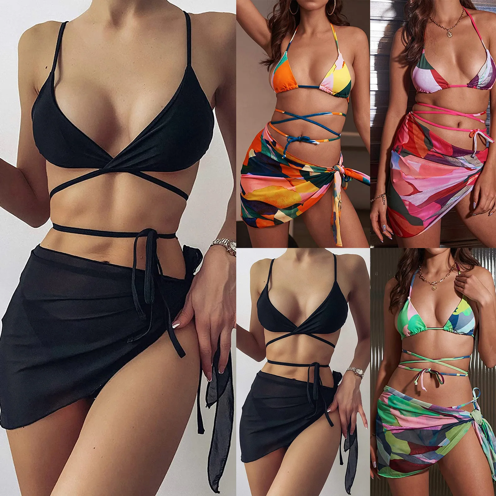 

Print Three Piece Suits Bikinis Sexy Cross Bandage Swimsuit Women Swimwear Sarong Triangle Bathing Suit Beach Skirts Bikini Sets