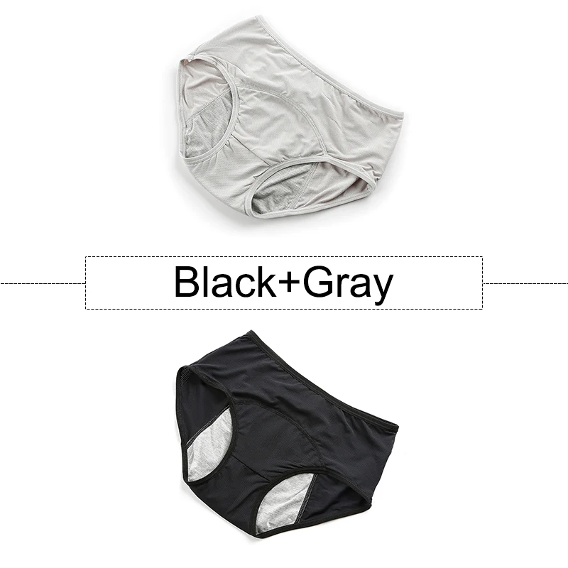 Black Gray 2 шт./партия, хлопковые менструальные трусики, герметичное нижнее белье для женщин с высокой талией, бесшовные трусы с дышащими отверстиями, большие размеры - Цвет: Black Gray