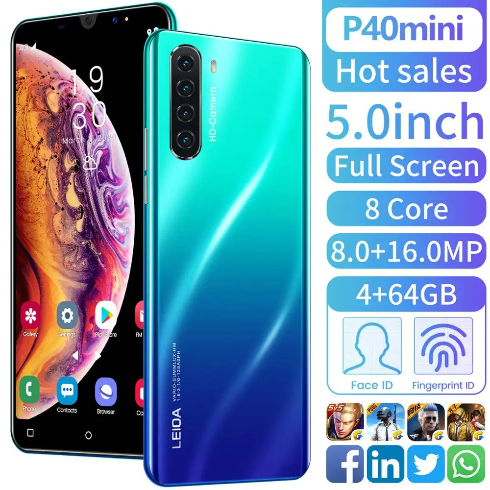 

P40mini 5.0 Inch 4GB RAM 64GB ROM Smartphones 8 Core Face ID Fingerprint ID Smart Phones Andriod 9.1 4G Network Cellphones
