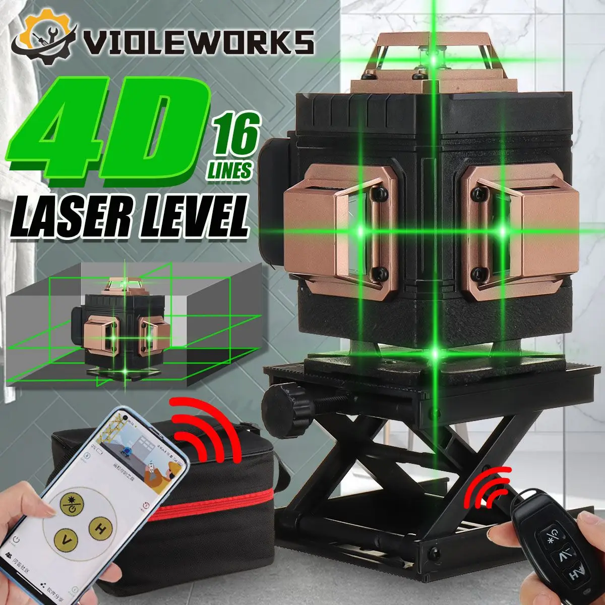 

4D 16 Lines Green Laser Level Self-Leveling 360 Horizontal Vertical Cross Line Super Powerful Laser Level bluetooth APP Control