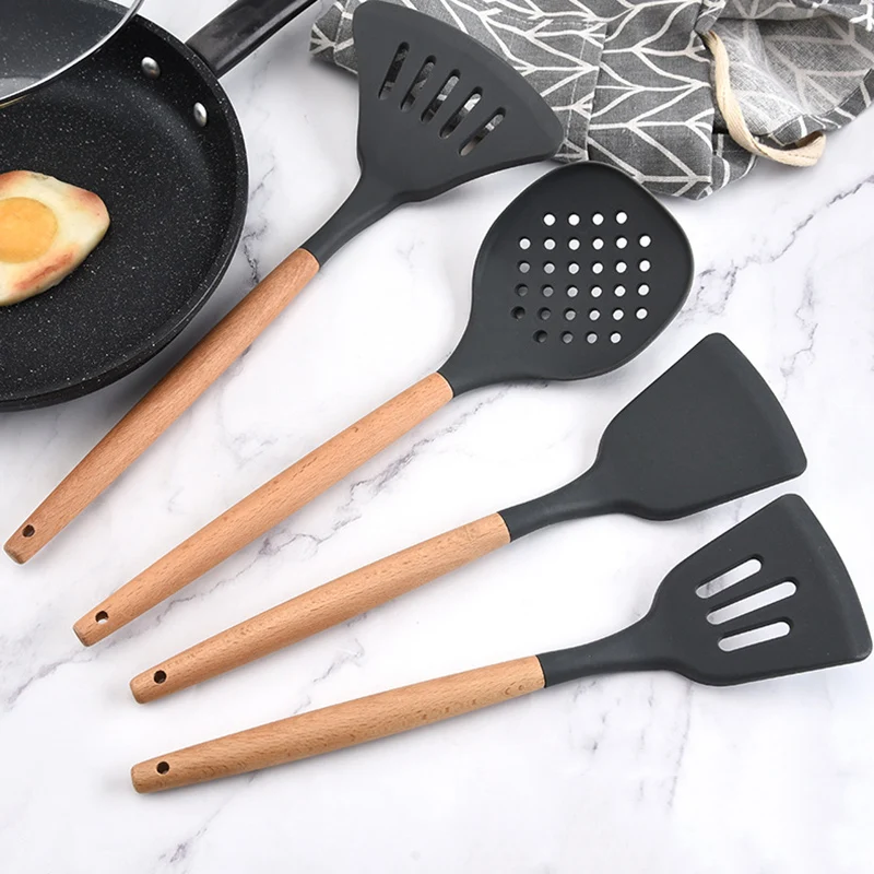 

Hot 11Pcs/set Silicone Kitchen Utensil Set Non-stick Silicone Cooking Tools Kitchenwares with Wooden Handle D6