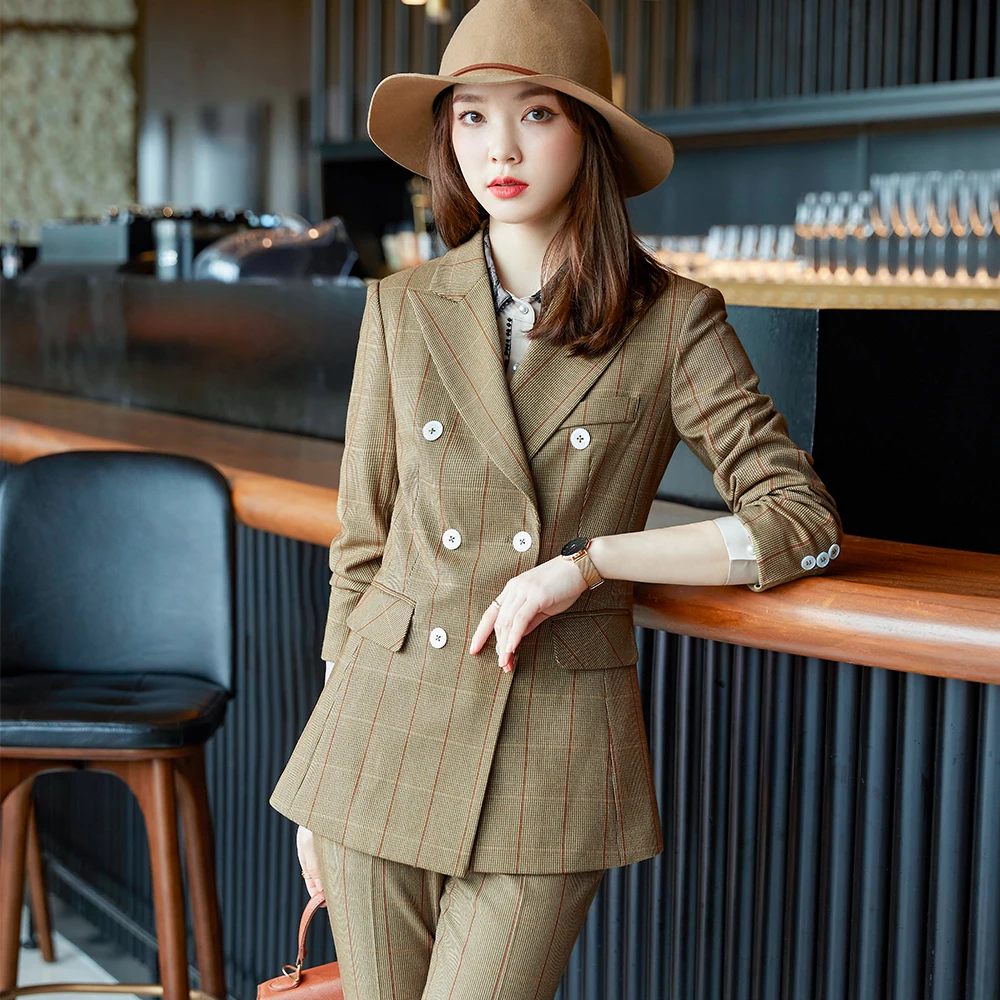 

High Quality Women Office Ladies Pant Suit Khaki Green Plaid 2 Piece Set Female Business Formal Work Jacket Blazer And Trouser