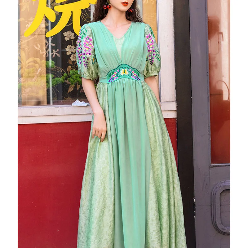 

2021 Summer New Fashion Patchwork Embroidery Floral Women Dresses Vintage Puff Sleeve High Waist Female Long Dresses