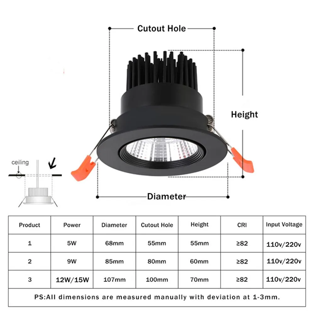 Luz descendente LED regulable 5W 12W 15W luz empotrada en luz LED empotrable de techo AC85-265V luz LED descendente foco empotrable de techo