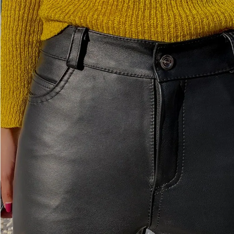 

Autumn Winter Genuine Leather Ankle Length Pants Women Streetwear Slim Fit Tassel Cowhide Flare Pants Fashion Black Trousers