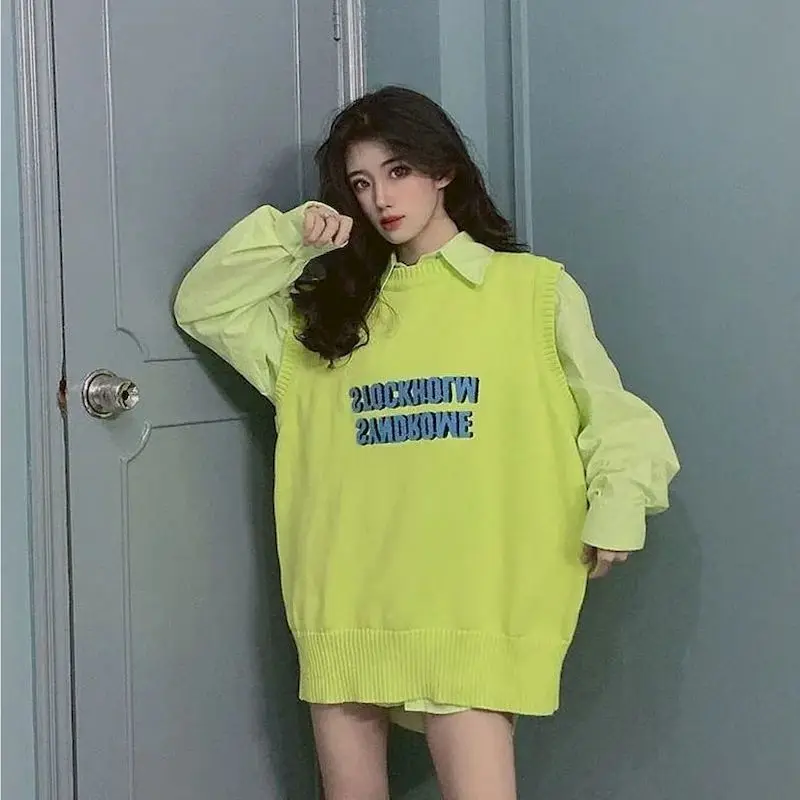 

Весна 2022, модный вязаный свитер без рукавов, жилет с надписью и круглым вырезом, уличная одежда, модная женская одежда в Корейском стиле