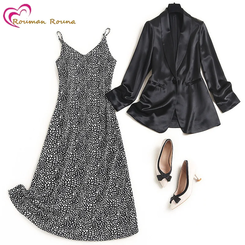 

Acetic acid small suit set women's new autumn 2021 printed Satin suspender skirt casual coat,