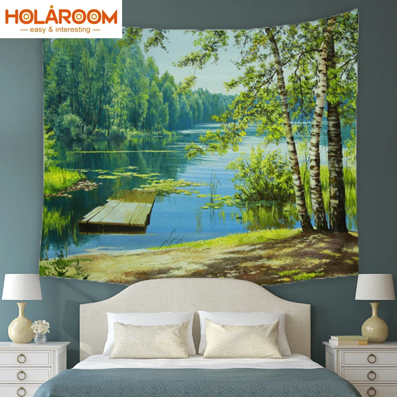 Настенный подвесной гобелен река лес покрывало домашний декоративный коврик для