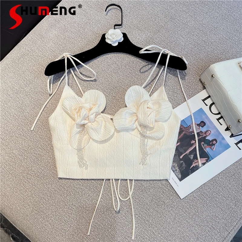 

2021 Winter New Female Fashionable Retro Sexy Elegant Camisole Women's Simple Backless 3D Flower Tied Slim Fit Lace-up Vest Top