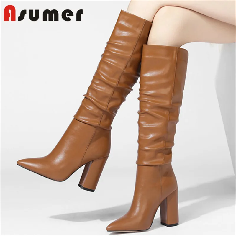 

ASUMER 2021 European Style pleated knee high boots women pointed toe pu thick high heel dress shoes autumn winter boots woman