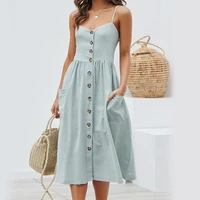 summer women dresses sexy sling dress solid color single breasted spaghetti straps pockets backless midi dress