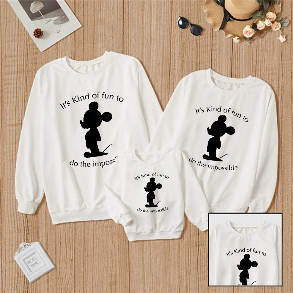 

Mickey Mouse Minimalist Pattern Family White Sweatshirts It's Kind Of Fun To Do The Impossible Letter Parent Child Hoodies Trend