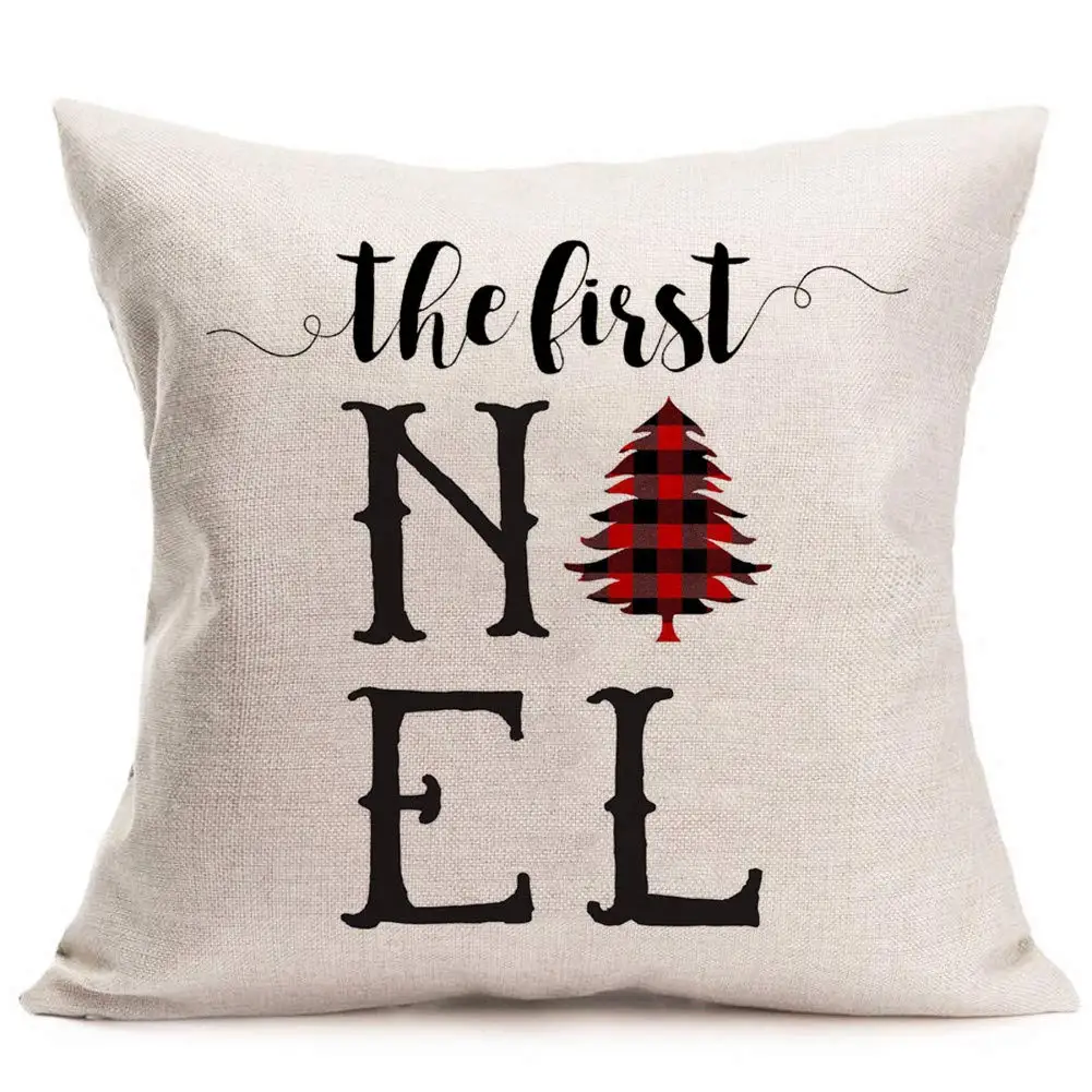 Черно-красная льняная наволочка в клетку с рождественским оленем для диванной