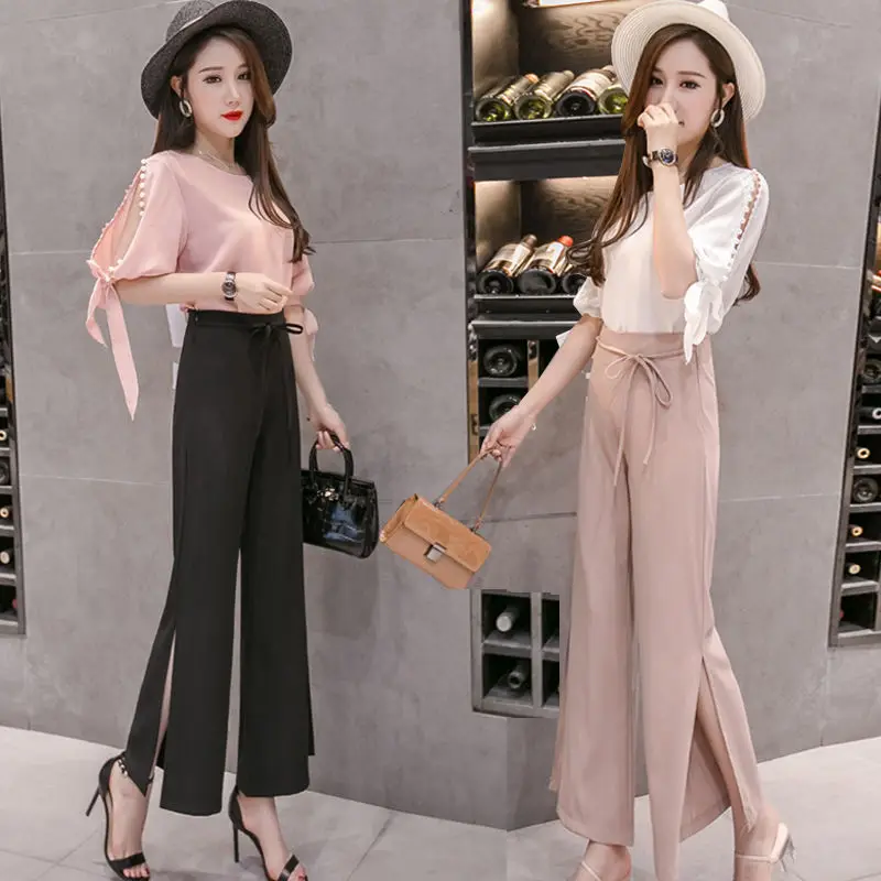 

2021 Women Spring Summer Casual Solid 2 Pcs Set Lady Beading O-Neck T-Shirt and Split Wide Leg Pant Suit Female Vintage Set D570
