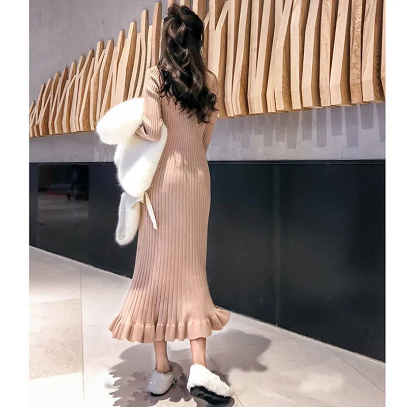 Женское трикотажное платье-макси в Корейском стиле с оборками длинное платье