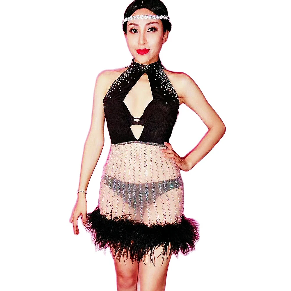 

Perspective Dance Wear Women Black Feathers Rhinestones Mesh Gauze Dresses Sexy Mini Dress Nightclub Costumes Stage Show Wear