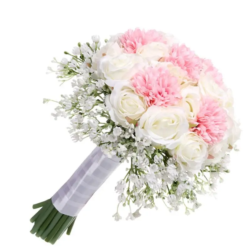 

Romantic Artificial Gypsophila Babysbreath Rose Flower Handmade Bridal Wedding Bouquet Ribbon Wrapped Handle Party Home
