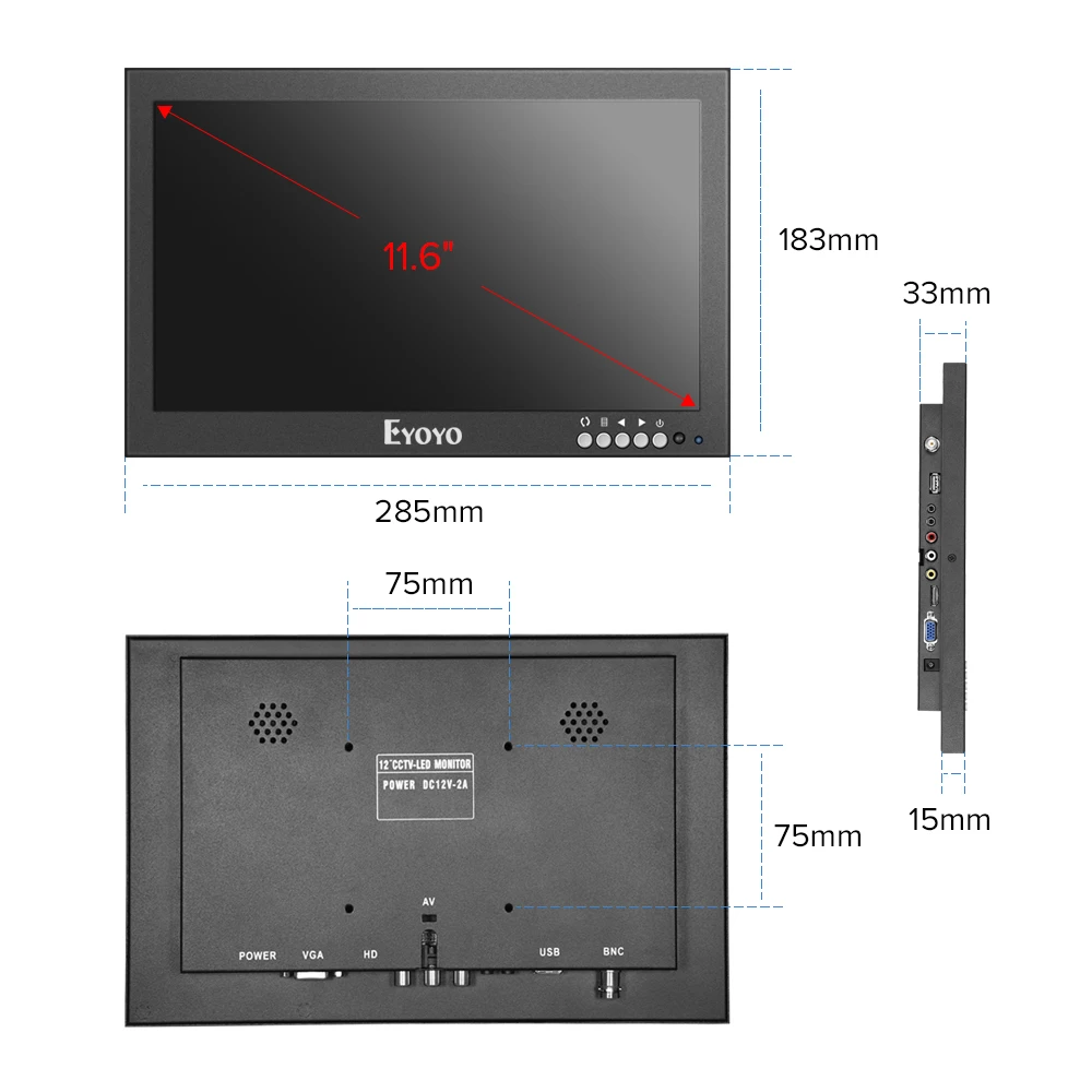 Eyoyo 12" HDMI IPS CCTV Monitor 1366x768 16:9 170° wide viewing Metal Housing LED Screen Support VGA/AV/BNC Built in Mircophone |