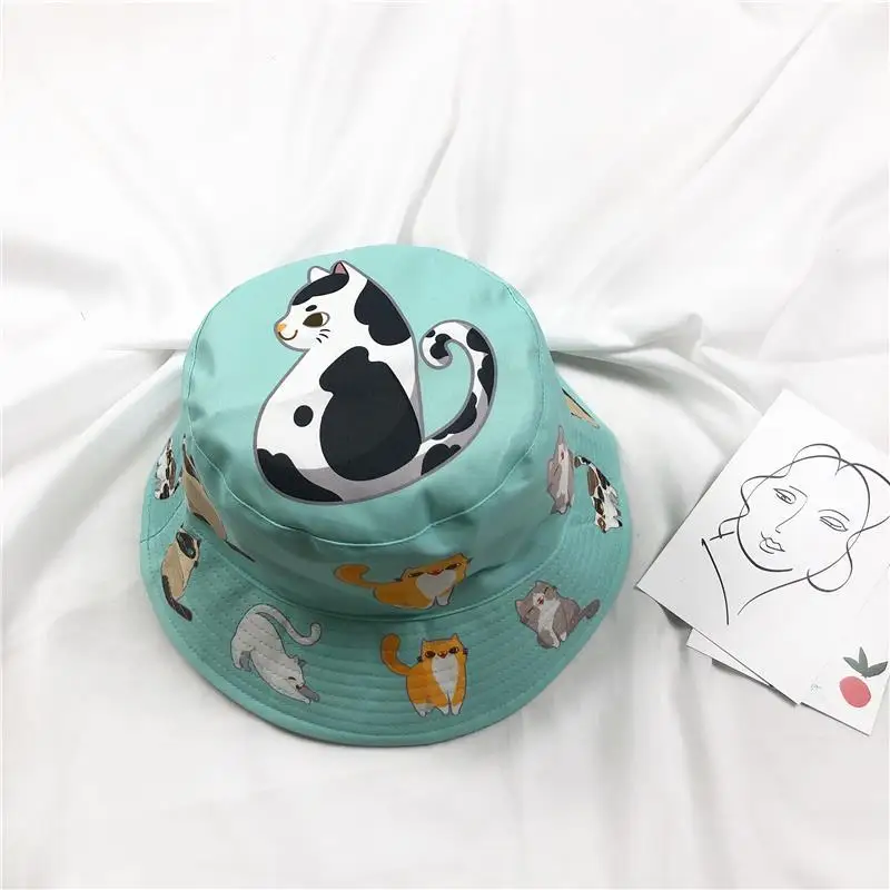 2021 New Cute Double-side Animal Print Fisherman Panama Caps Sun Bob Chapeau Cat Bucket Hats For Women Ladies Mother Gifts Cat
