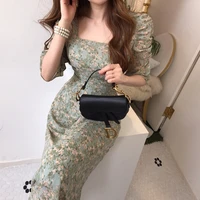 2021 summer womens korea chic elegant floral square collar folds puff sleeve slim thin lacefloral printing long dress vestidos