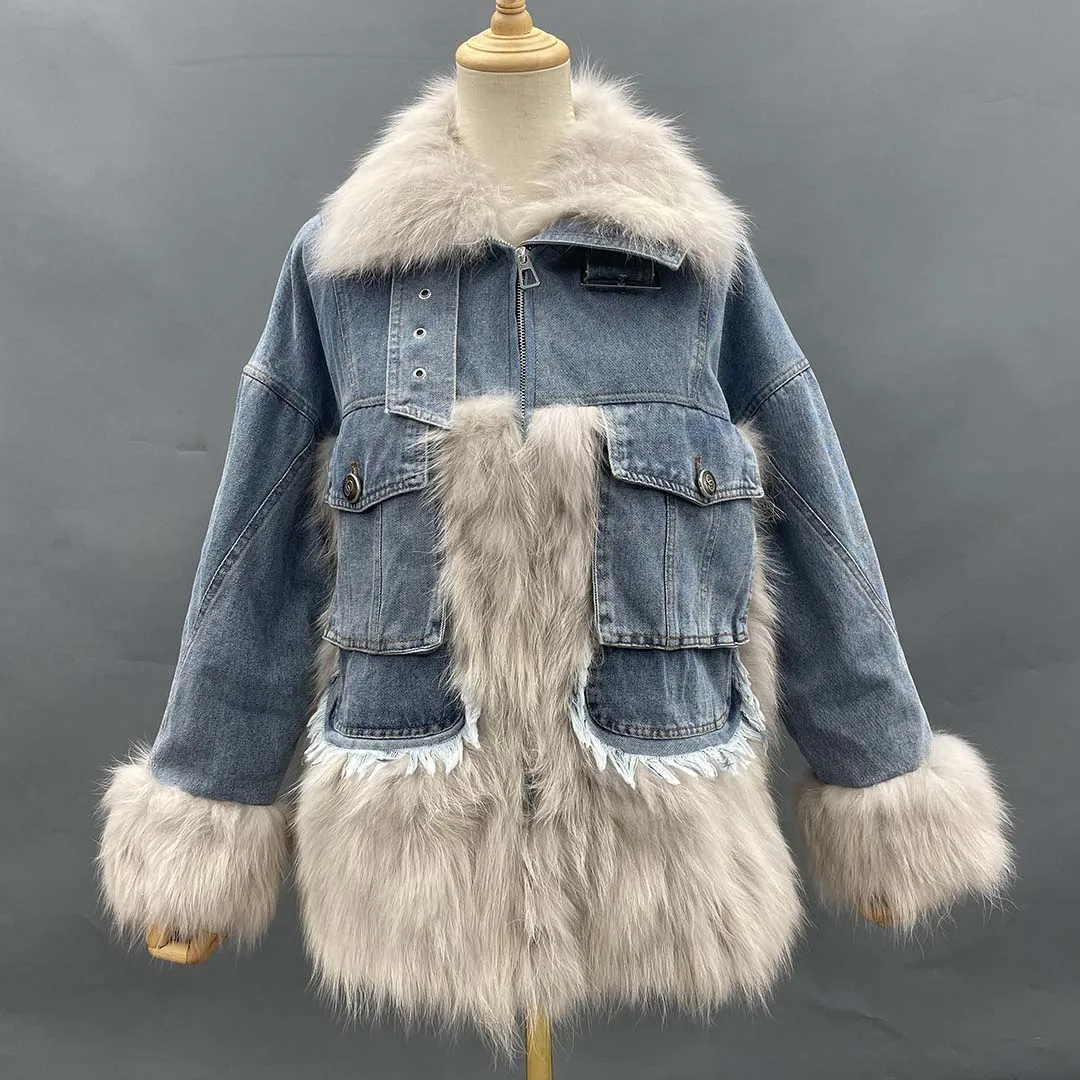 

Hot Selling Winter Warm Lady Demin Overcoat Back Zipper Stereo Pocket Fashionable Fur Decoration Jacket