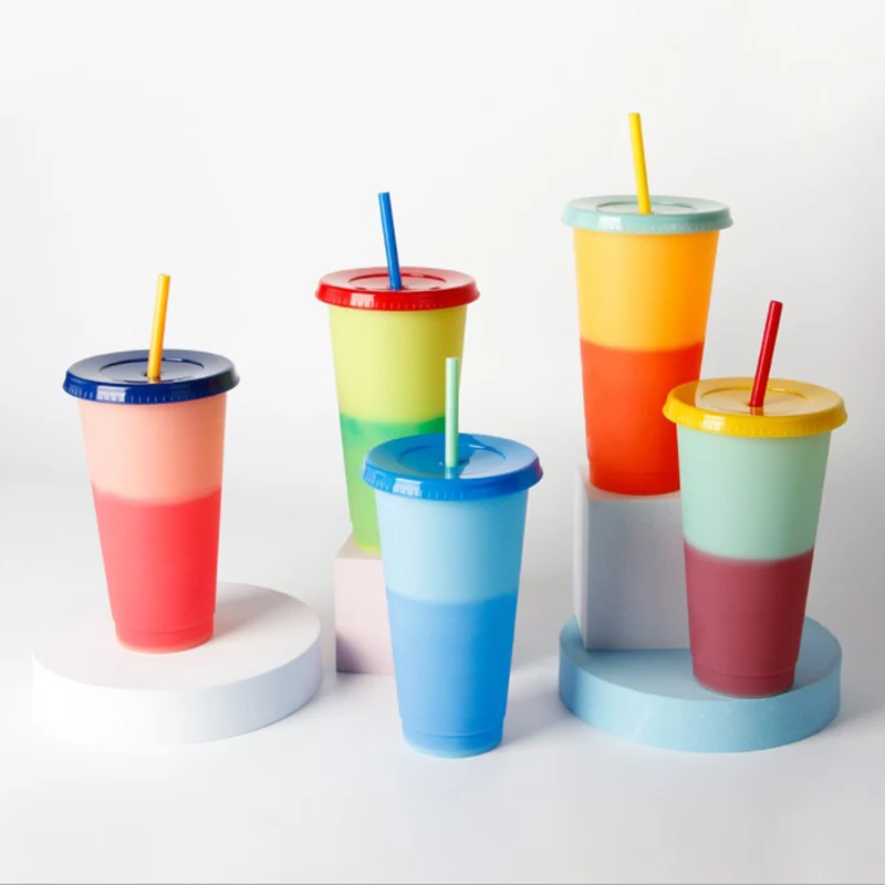

5pcs/set 710ml Rainbow Straw Cup With Lid Coffee Cup Reusable Cups Plastic