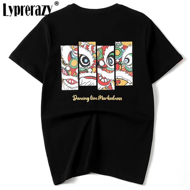 

Оригинальная брендовая футболка Lyprerazy, летняя хлопковая футболка в китайском стиле с принтом льва и коротким рукавом, мужская Свободная Пов...