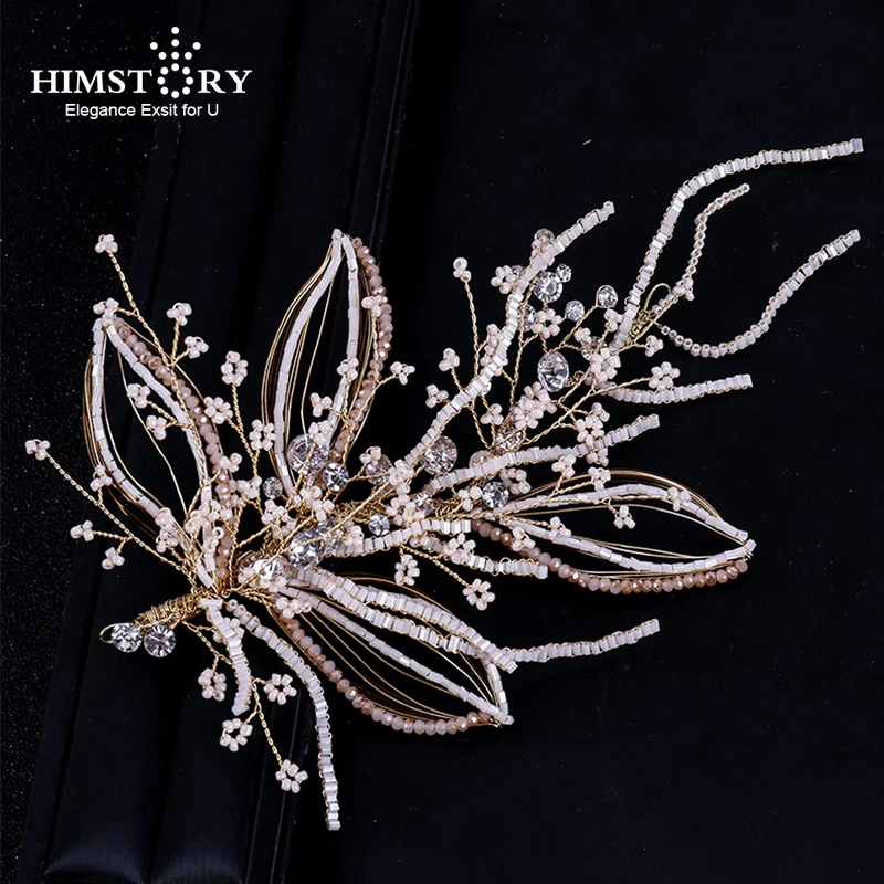 

HIMSTORY Handmade Romantic Rose Gold Hair Band Beaded Wedding Headbands Bridal Pageant Head Pieces For Women Tiaras Jewelries