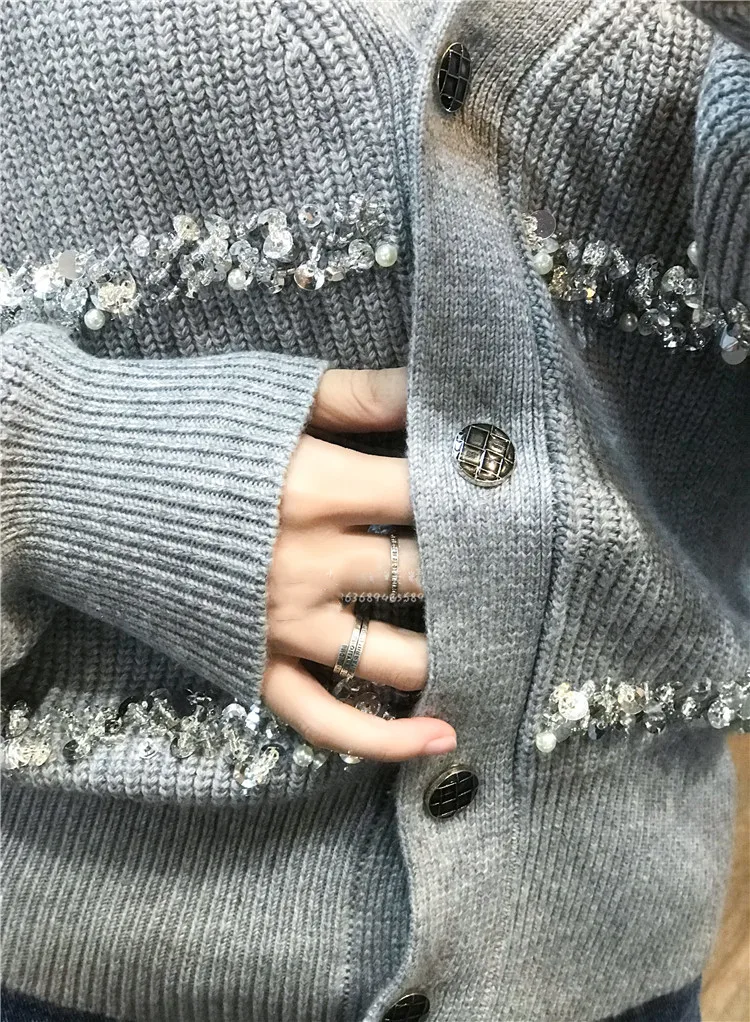 

Jumper Sweater Women Sale 2020 Winter New Arrival Women's V-neck Beads Sleeve Solid Color Cardigan Single Breasted Warm Woman