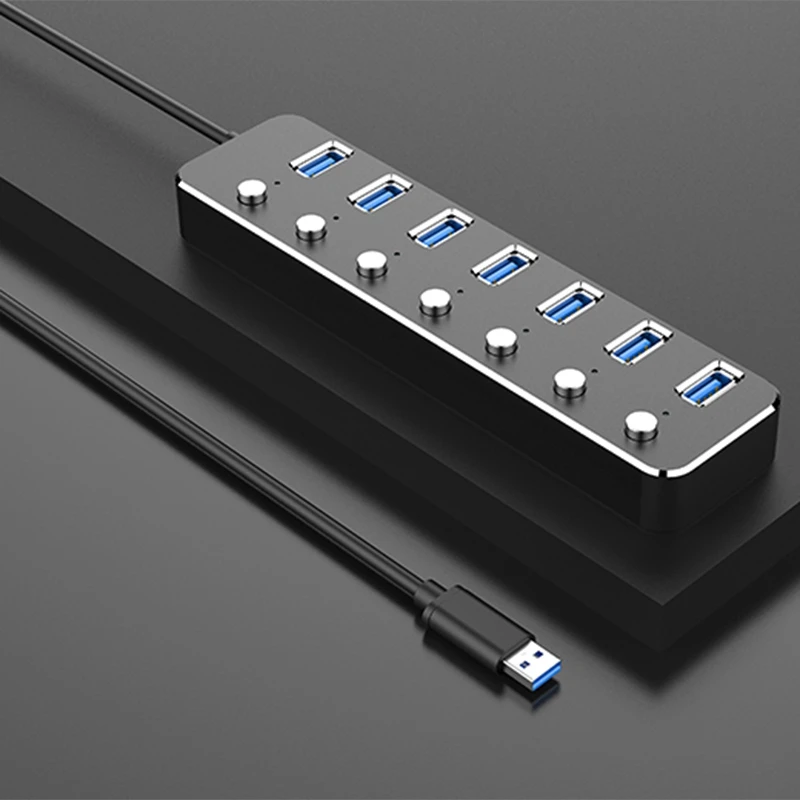 

Aluminum Alloy 7 Ports USB 3.0 Hub Sub-Control Switch HUB 60 Cable Upto 5Gbps Splitter(EU Plug)