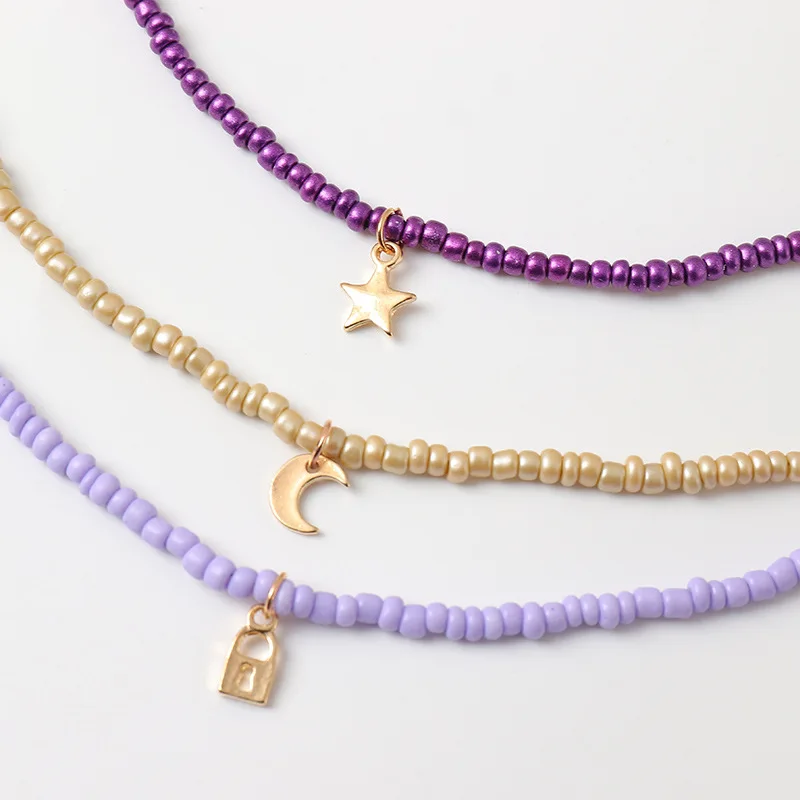 

3pcs/set Colorful Bohemia Handmade Rice Beads Necklace for Women Gold Moon Star Lock Pendant Necklaces Female Fashion Jewelry