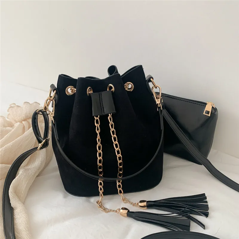 

2020 New Mini Crossbody Handbags Cute Suede Bucket Bag Organizer Small Tassel PU Leather Womens Shoulder Messenger Bags