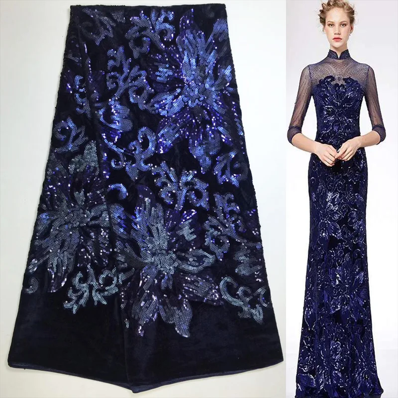 (5 ярдов/шт) Высококачественная темно-синяя африканская бархатная кружевная